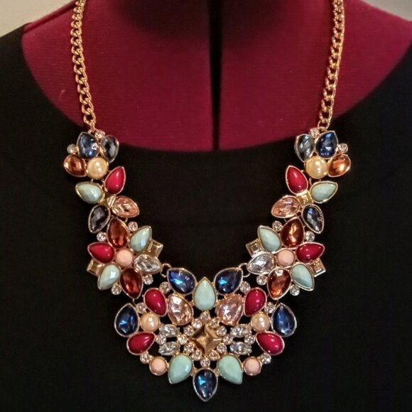 Multicolor Bead Crystal Pearl Gold Chain Link Statement Necklace - Picture 1 of 4
